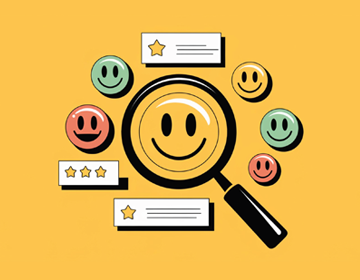 Grafika przedstawiająca ikonę lupy powiększającej żółtą buźkę uśmiechu otoczoną innymi kolorowymi emotikonami oraz polami ocen w formie gwiazdek.