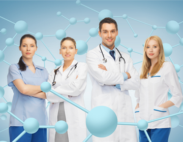 Grupa lekarzy na tle łańcucha DNA.