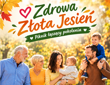 Grafika promująca piknik Zdrowa Złota Jesień – Piknik łączący pokolenia. Na tle jesiennego parku przedstawiono trzy pokolenia rodziny: seniorów, rodziców i dzieci. Centralnie znajduje się kolorowy napis z nazwą wydarzenia.