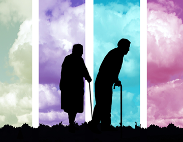 grafika, dwoje starszych ludzi na tle kolorowego nieba